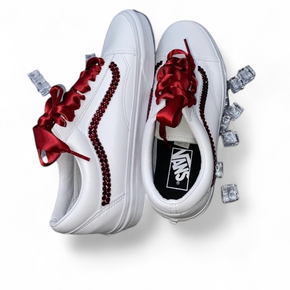 Garnet Red Luxe Crystal Diamond Classic Lace Up Old Skool Vans All Sizes New - Picture 3 of 6
